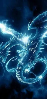 Fantasy blue dragon against a dark background.