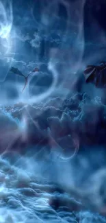 Blue dragon flying in mystical clouds, fantasy wallpaper.