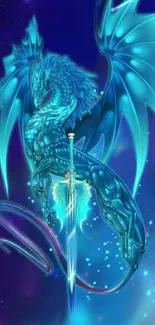 Mystical blue dragon with sword on phone wallpaper.