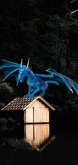 A blue dragon perched on a cabin roof by a tranquil lakeside.