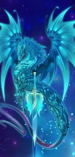 Blue dragon with luminous wings and a sword on a cosmic background.