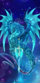 Mystical blue dragon with sword in the night sky.