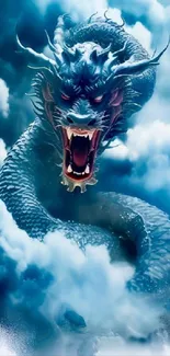 A mystical blue dragon surrounded by clouds.