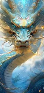 Mystical blue dragon in a cloudy fantasy sky wallpaper.