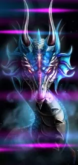 Mystical blue dragon with glowing eyes on a dark background.