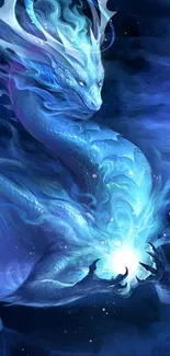 Mystical blue dragon with magical energy in dark hues.