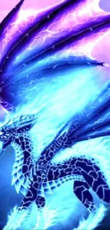 Mystical electric-blue dragon with glowing wings in a fantasy setting.