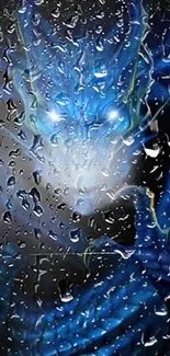 Mystical blue dragon wallpaper with raindrops creating a magical fantasy effect.