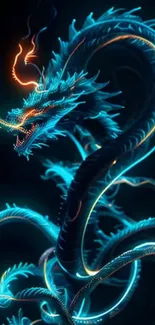 Blue mystical dragon with glowing accents on dark background.