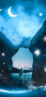 Mystical blue landscape with crescent moon and rocky arch.