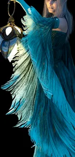 Ethereal elf with lantern in flowing blue gown mobile wallpaper.