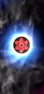 Blue mystical energy symbol with red center on dark background.