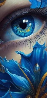 A mystical blue eye with surrounding vibrant floral patterns.