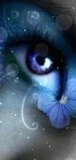 Close-up of a mystical blue eye with floral elements in a fantasy style.