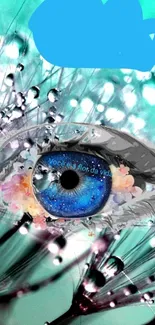 Mystical blue eye with floral design on turquoise background.