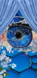 Surreal eye with galaxy and floral motifs on a blue background.