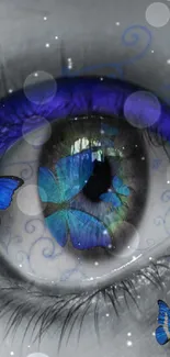 Mystical blue eye with butterflies wallpaper.