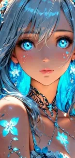 Anime character with mystical blue eyes and vibrant colors.