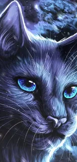 Mystical cat with glowing blue eyes in dark blue setting.