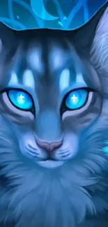 Fantasy cat with glowing blue eyes and turquoise hues.