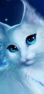 White cat with blue eyes on a mystical night background wallpaper.