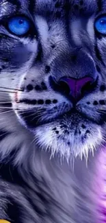 Digital art of a blue-eyed leopard with a mystical purple hue.