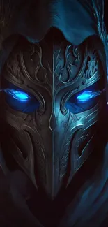 Mystical mask with glowing blue eyes in a dark setting.