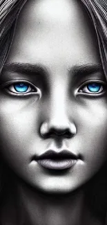 Digital portrait with mystical blue eyes and gray tones.