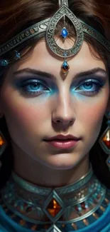 Mystical blue-eyed woman with ornate jewelry, perfect for wallpaper.