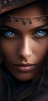 Mystical portrait wallpaper with blue eyes and decorative details.