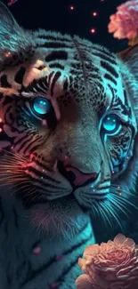 Mystical tiger with glowing blue eyes among roses on a dark background.