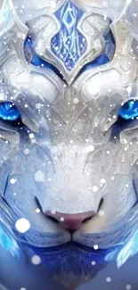 Mystical white tiger with blue eyes and snowflakes on a digital wallpaper.