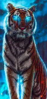 Mystical tiger with glowing blue eyes in digital art style.