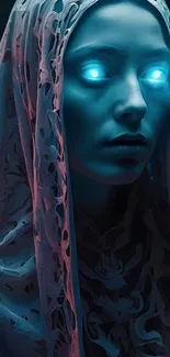 Mysterious figure with glowing blue eyes and veil.