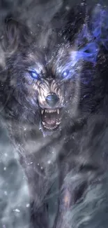 Fierce blue-eyed wolf with ethereal aura on a dark background.