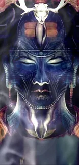 Mystical blue cosmic face digital art wallpaper with glowing elements.