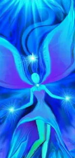 Ethereal fairy with glowing blue wings in mystical artwork.