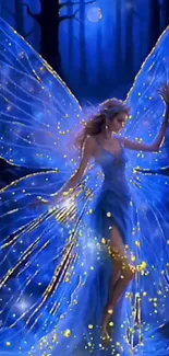 Enchanting blue fairy with glowing lights in a mystical forest.