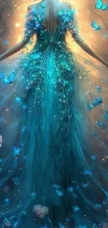 Mystical blue fairy amidst glowing butterflies and magical light.