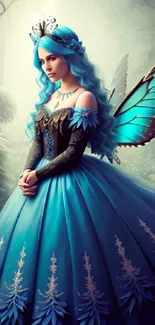 Mystical blue fairy with butterfly wings in a serene forest setting.