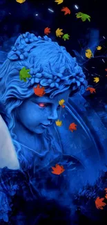 Mystical blue fantasy wallpaper of woman and statue.