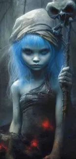 Mysterious blue-hued fantasy character holding a staff in a dark mystical setting.