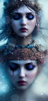 Mystical dual-faced blue fantasy art wallpaper.