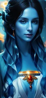 Mystical character in blue with vibrant jewelry on a fantasy-themed wallpaper.