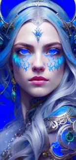 Mystical character in vibrant blue fantasy art with intricate details.