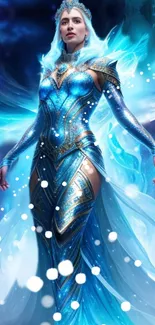 Mystical blue fantasy figure in ethereal setting on wallpaper.