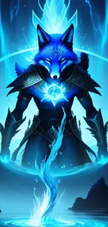 Mystical blue fox with glowing armor in fantasy artwork.