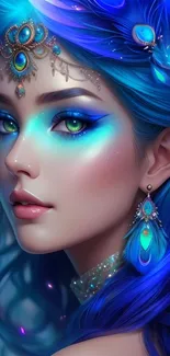 A mystical blue fantasy portrait with intricate details and vibrant colors.