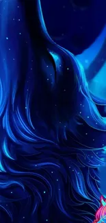 Fantasy creature with a vibrant blue mane on a dark backdrop.