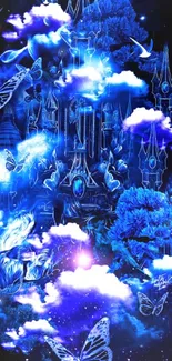 Mystical blue castle and clouds wallpaper.